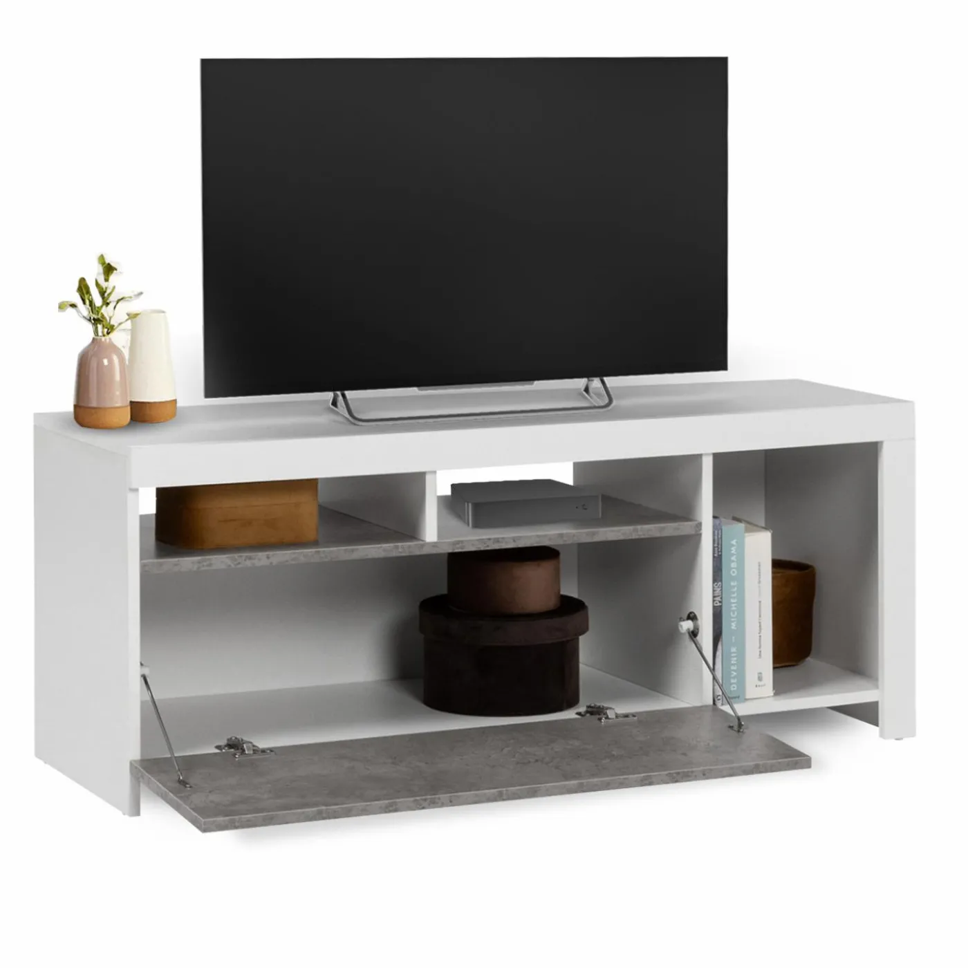 Meuble télé 110 cm blanc et placard effet béton