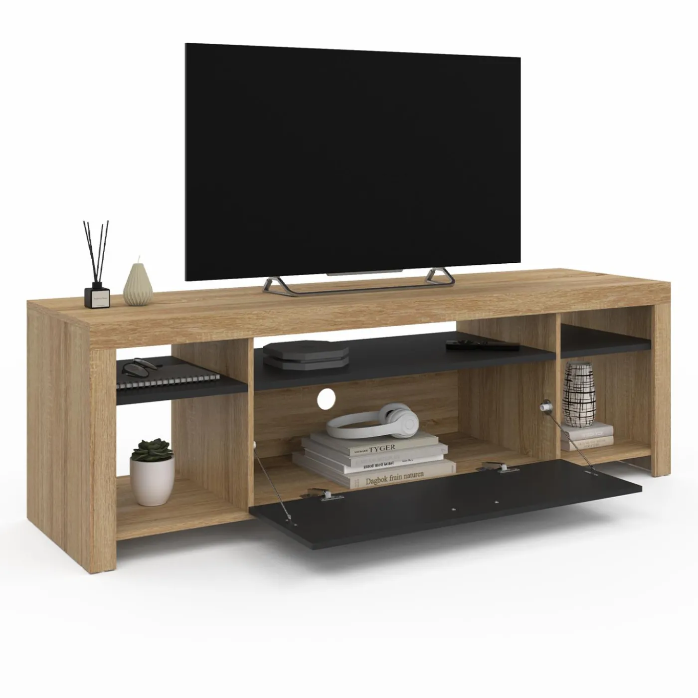 Meuble télé 140 cm bois et placard noir