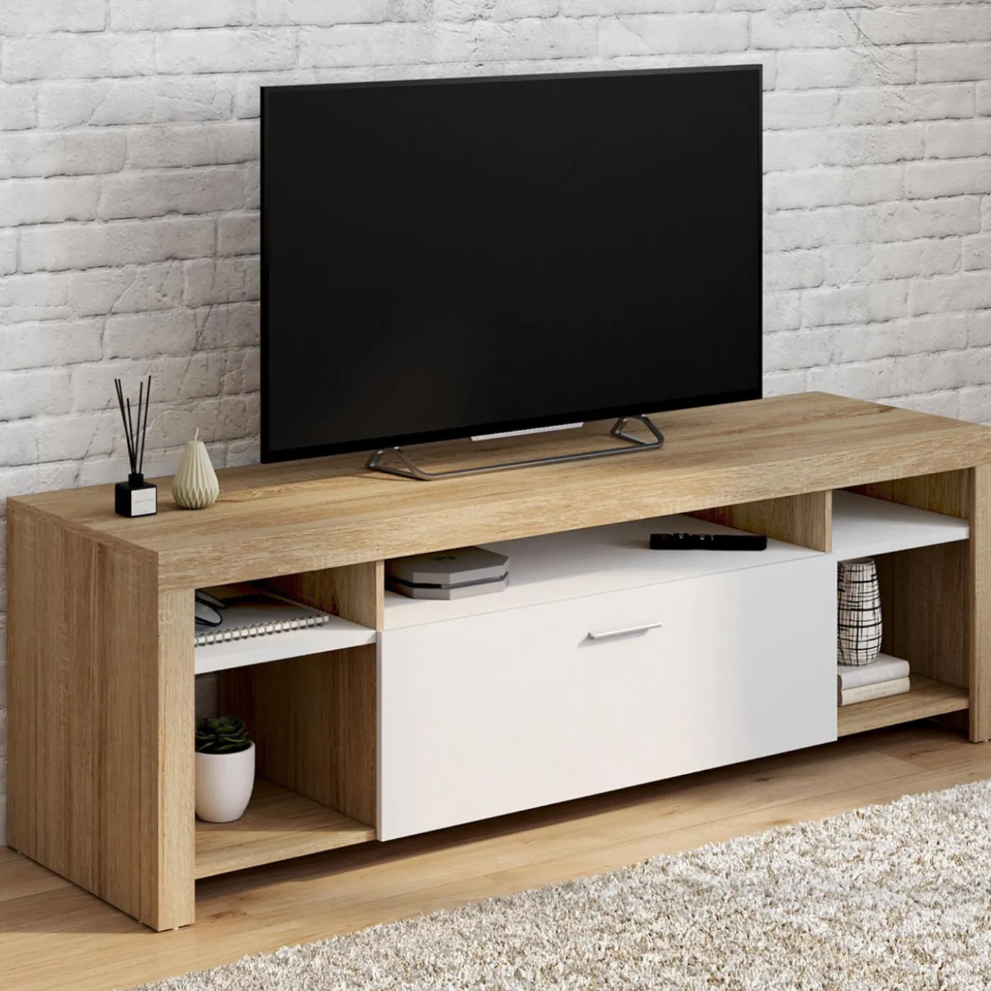Meuble télé 140 cm bois et placard blanc