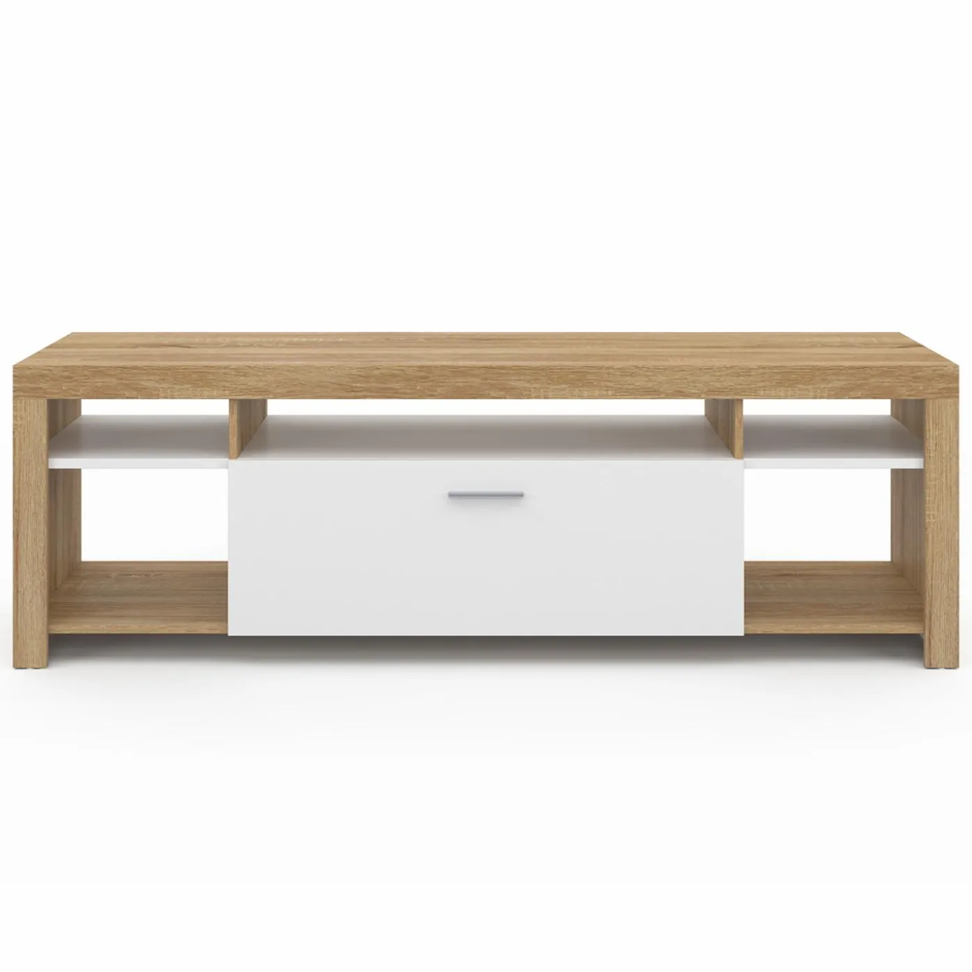 Meuble télé 140 cm bois et placard blanc