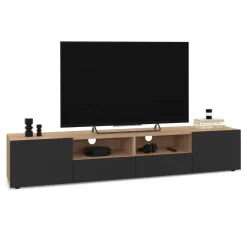 Meuble télé 180 cm noir et bois façon hêtre avec rangement