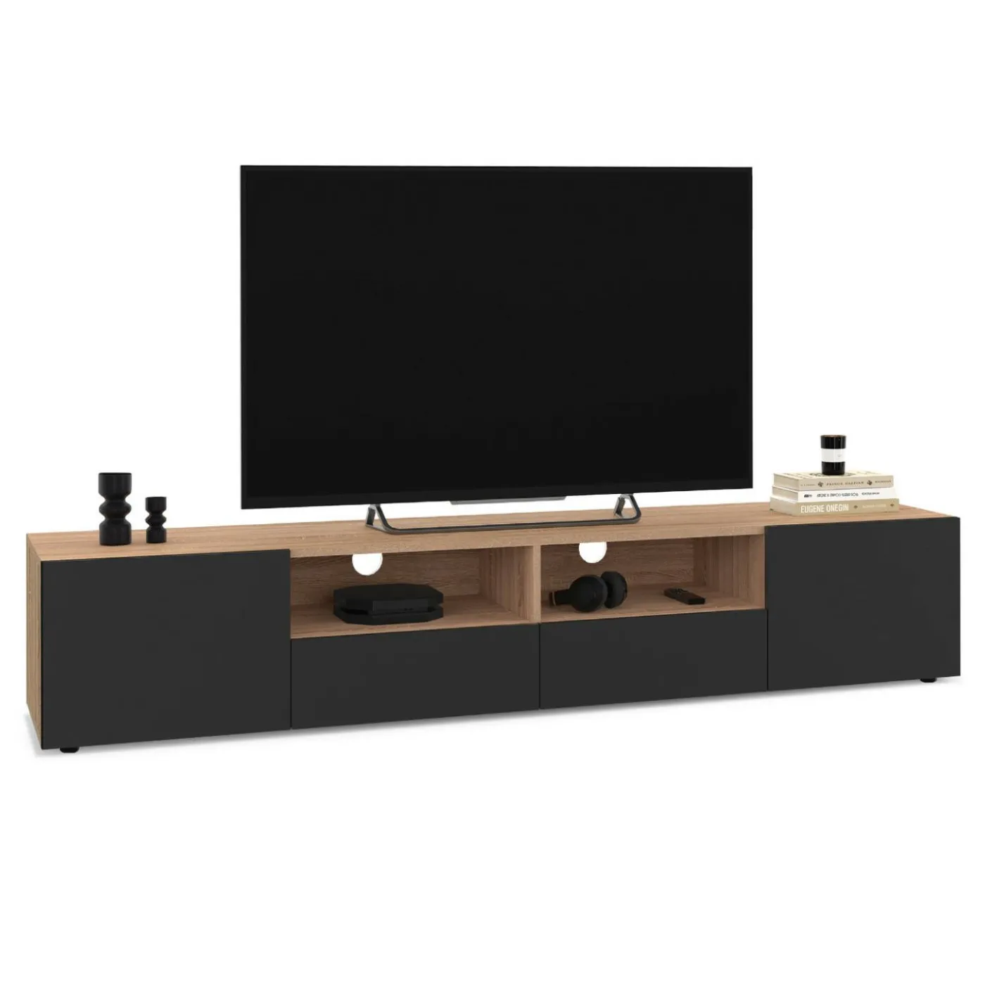 Meuble télé 180 cm noir et bois façon hêtre avec rangement