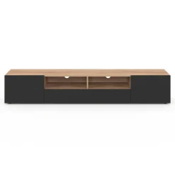 Meuble télé 180 cm noir et bois façon hêtre avec rangement