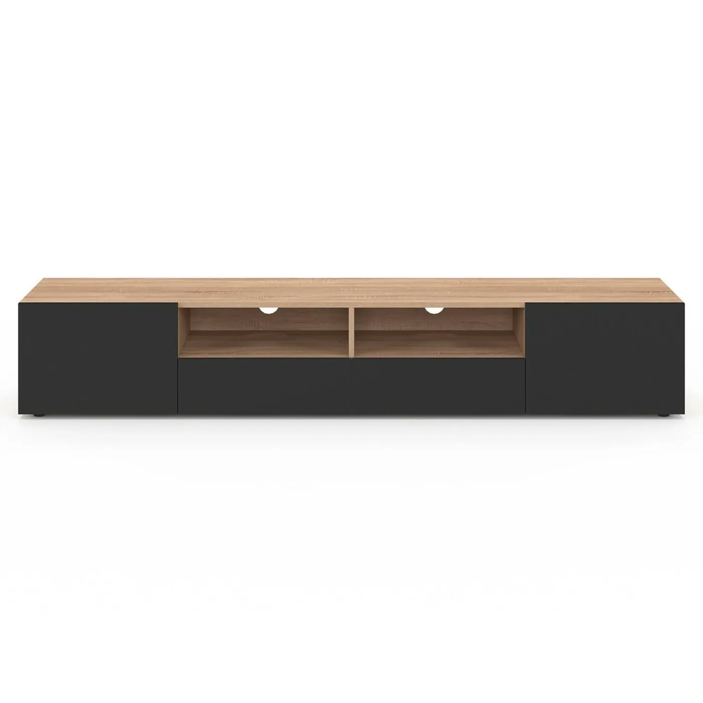 Meuble télé 180 cm noir et bois façon hêtre avec rangement