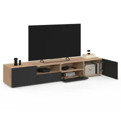 Meuble télé 180 cm noir et bois façon hêtre avec rangement