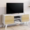 Meuble télé bois blanc 2 portes façon hêtre 110 cm