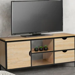 Meuble télé bois et métal avec tiroirs et placard