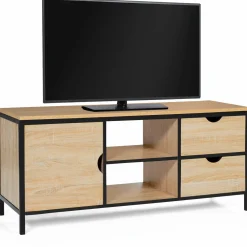 Meuble télé bois et métal avec tiroirs et placard