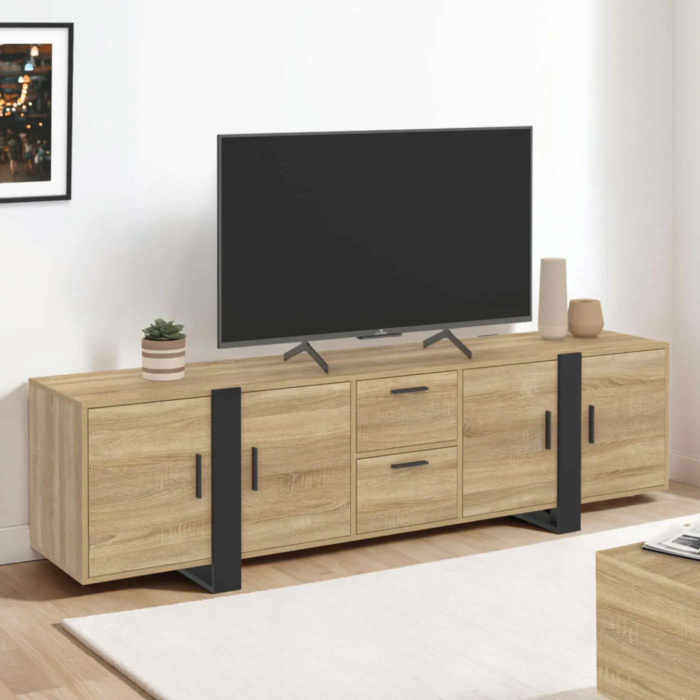 Meuble télé bois et noir 4 portes + 2 tiroirs 180 cm