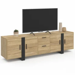 Meuble télé bois et noir 4 portes + 2 tiroirs 180 cm
