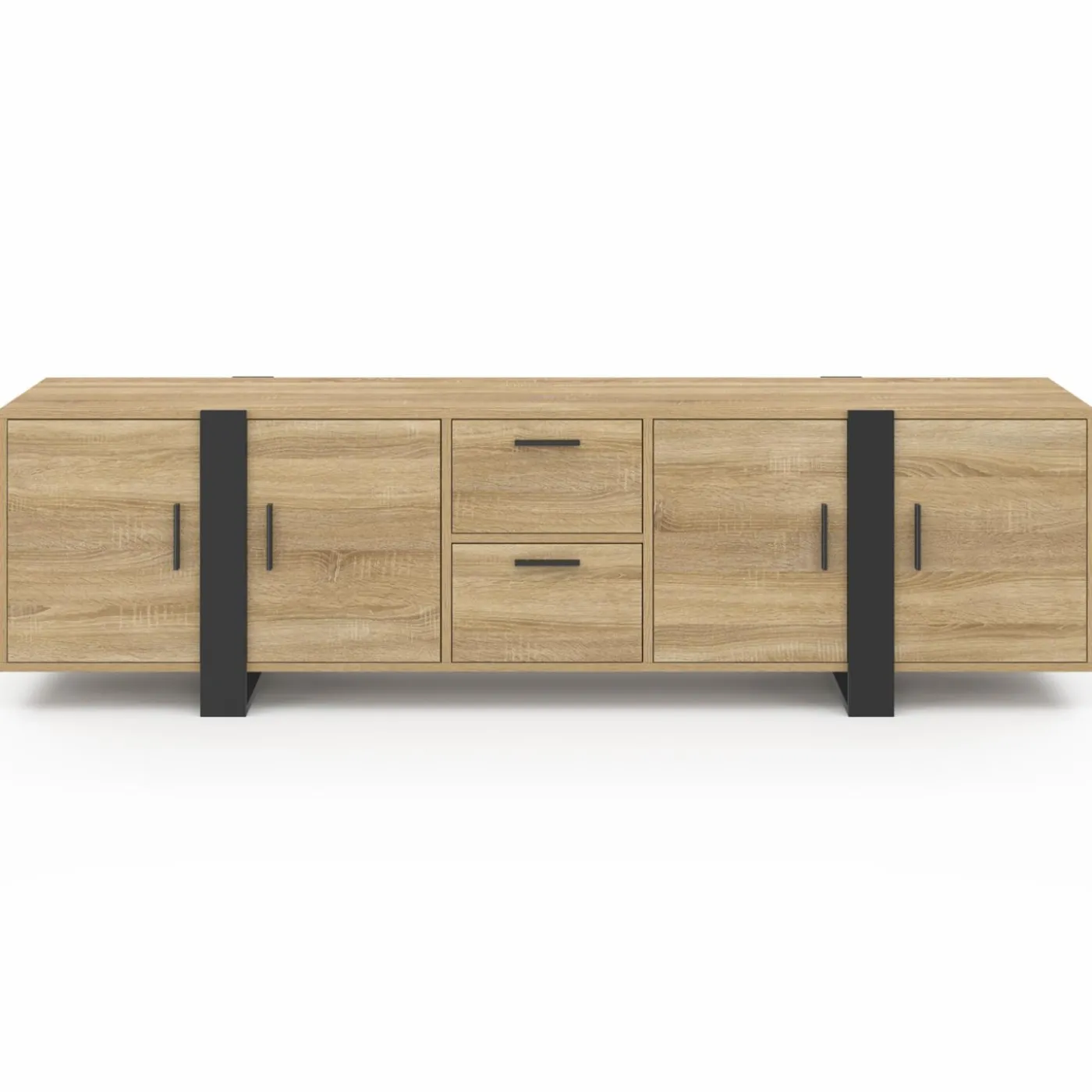 Meuble télé bois et noir 4 portes + 2 tiroirs 180 cm