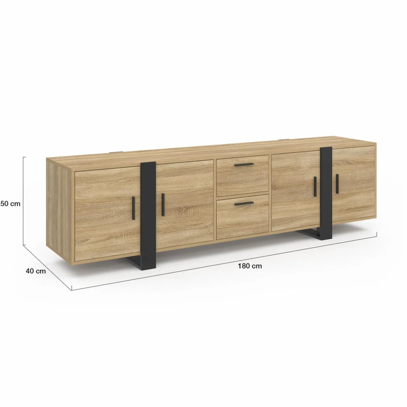 Meuble télé bois et noir 4 portes + 2 tiroirs 180 cm