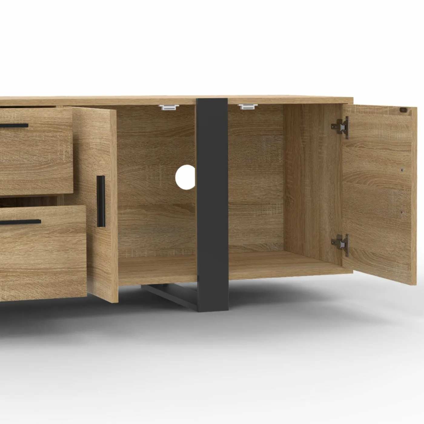Meuble télé bois et noir 4 portes + 2 tiroirs 180 cm