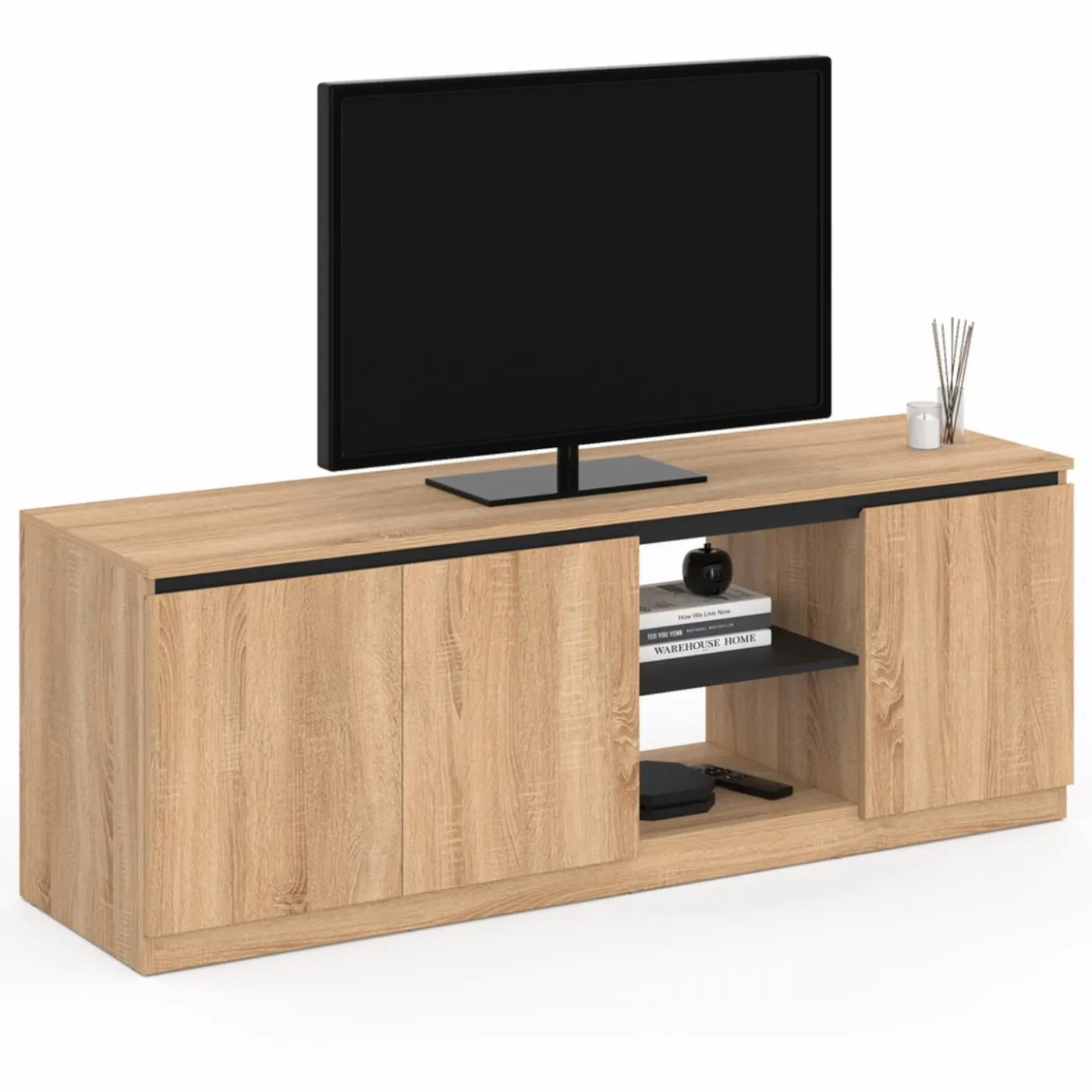 Meuble télé bois façon hêtre et noir 140 cm 3 portes