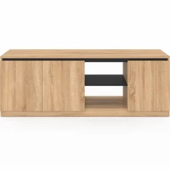 Meuble télé bois façon hêtre et noir 140 cm 3 portes