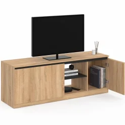 Meuble télé bois façon hêtre et noir 140 cm 3 portes