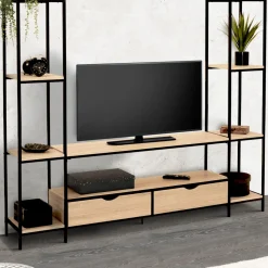 Meuble télé bois métal avec étagères et tiroirs