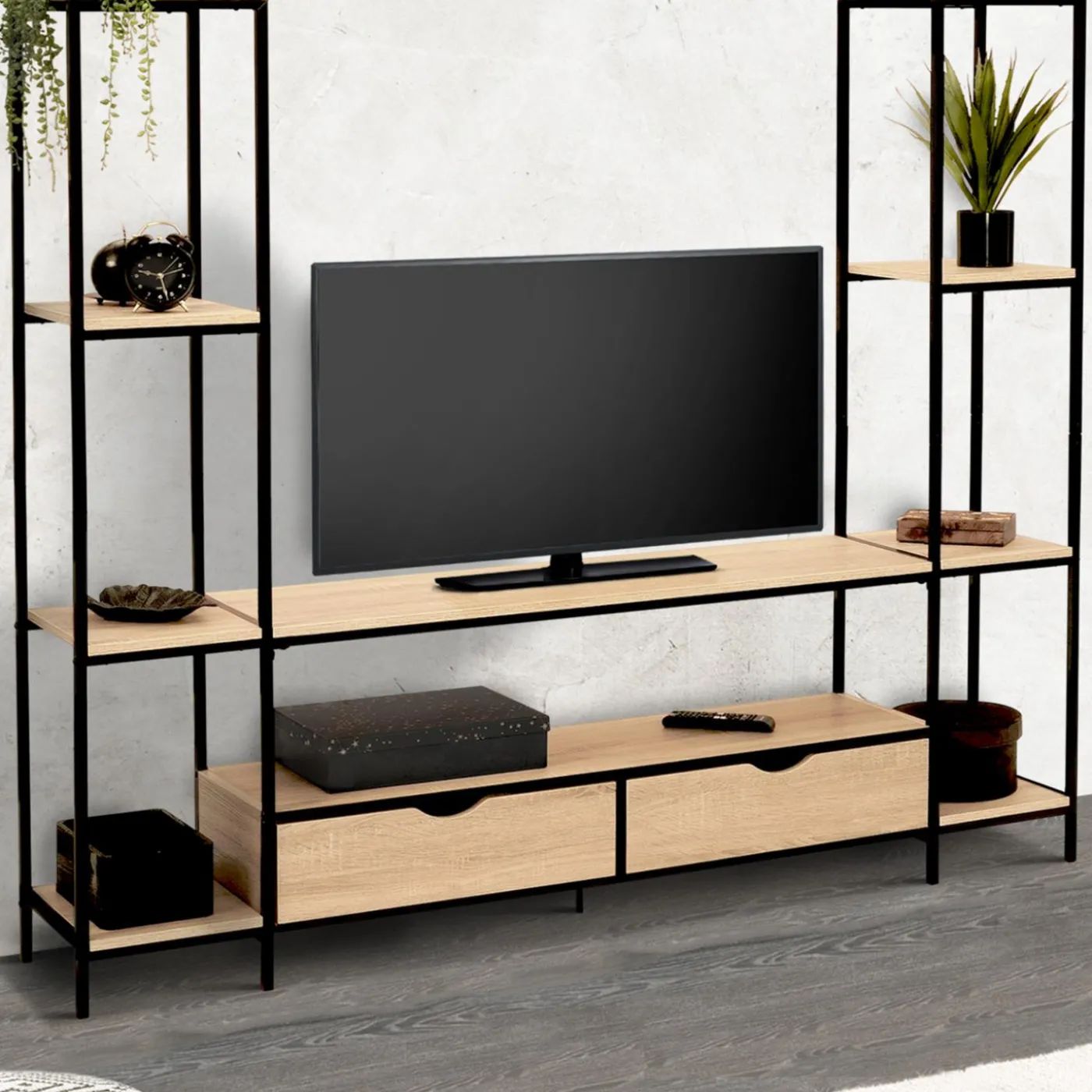 Meuble télé bois métal avec étagères et tiroirs