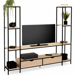 Meuble télé bois métal avec étagères et tiroirs