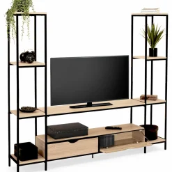 Meuble télé bois métal avec étagères et tiroirs