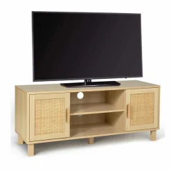 Meuble télé cannage et bois clair avec étagères