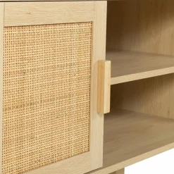 Meuble télé cannage et bois clair avec étagères