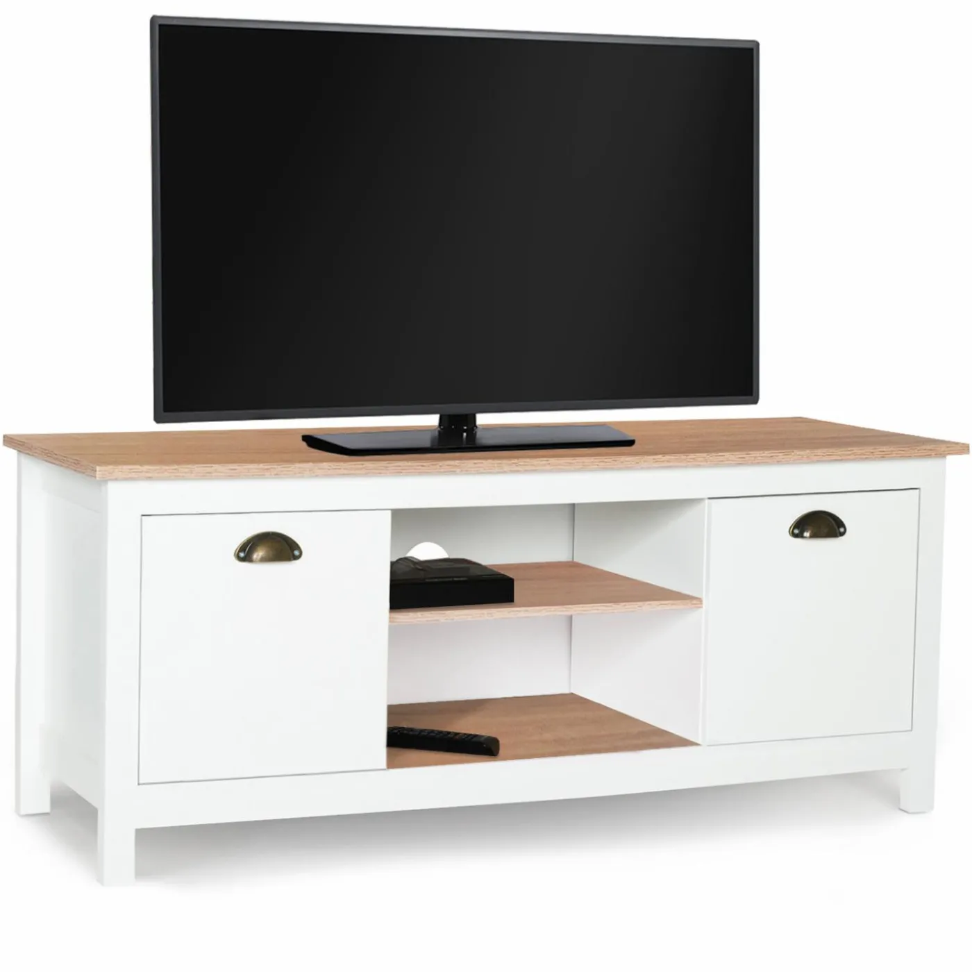 Meuble télé design blanc 2 portes avec étagères