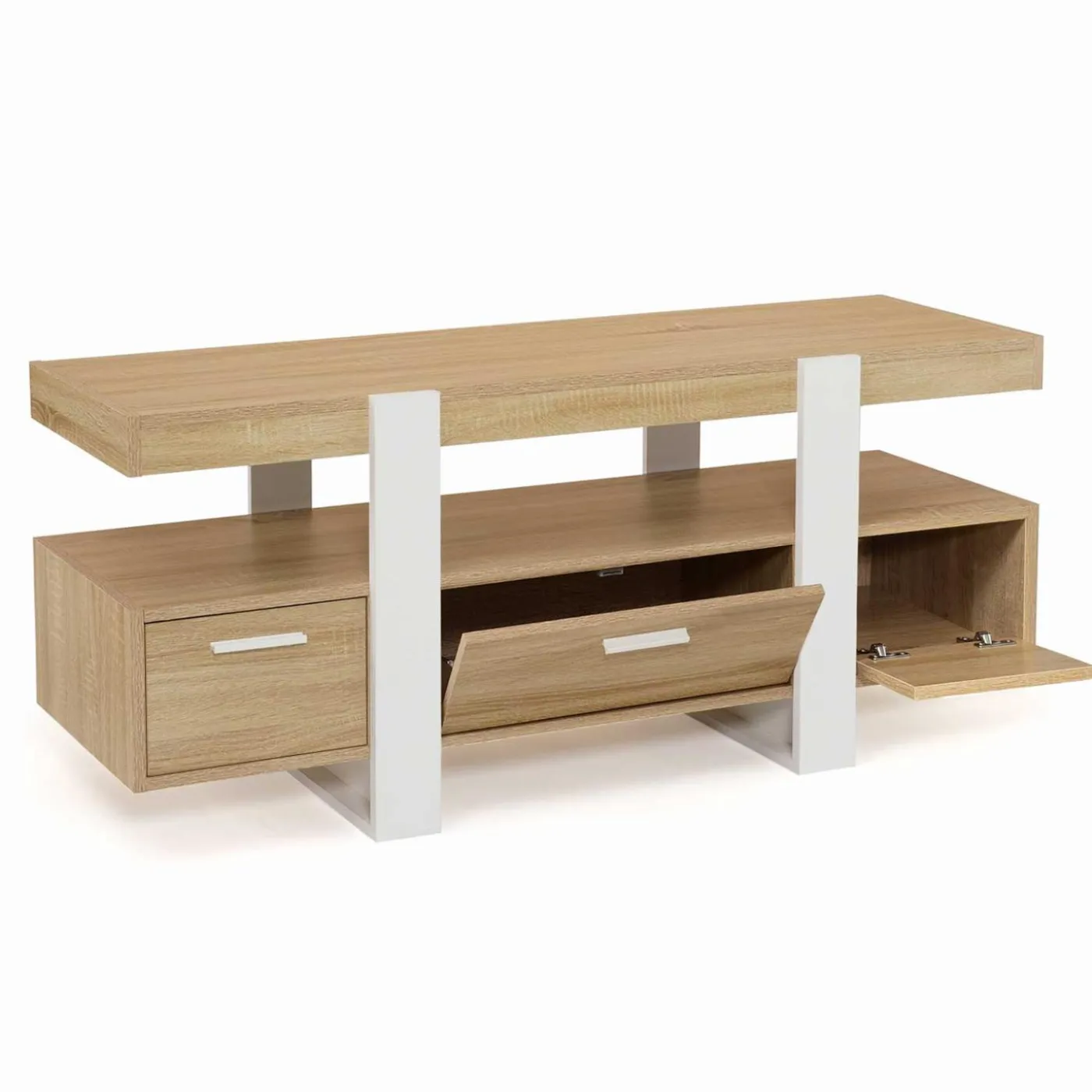 Meuble télé design blanc et bois avec tiroirs
