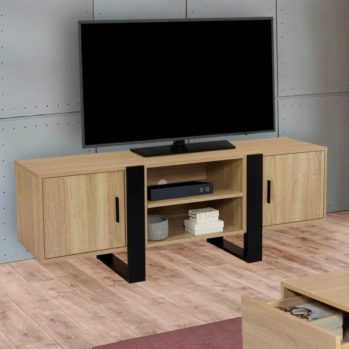 Meuble télé design noir et bois avec 2 portes