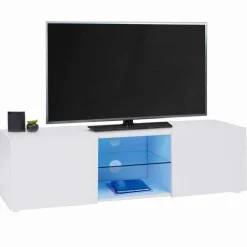 Meuble télé LED blanc avec étagère en verre