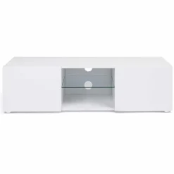 Meuble télé LED blanc avec étagère en verre