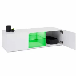 Meuble télé LED blanc avec étagère en verre