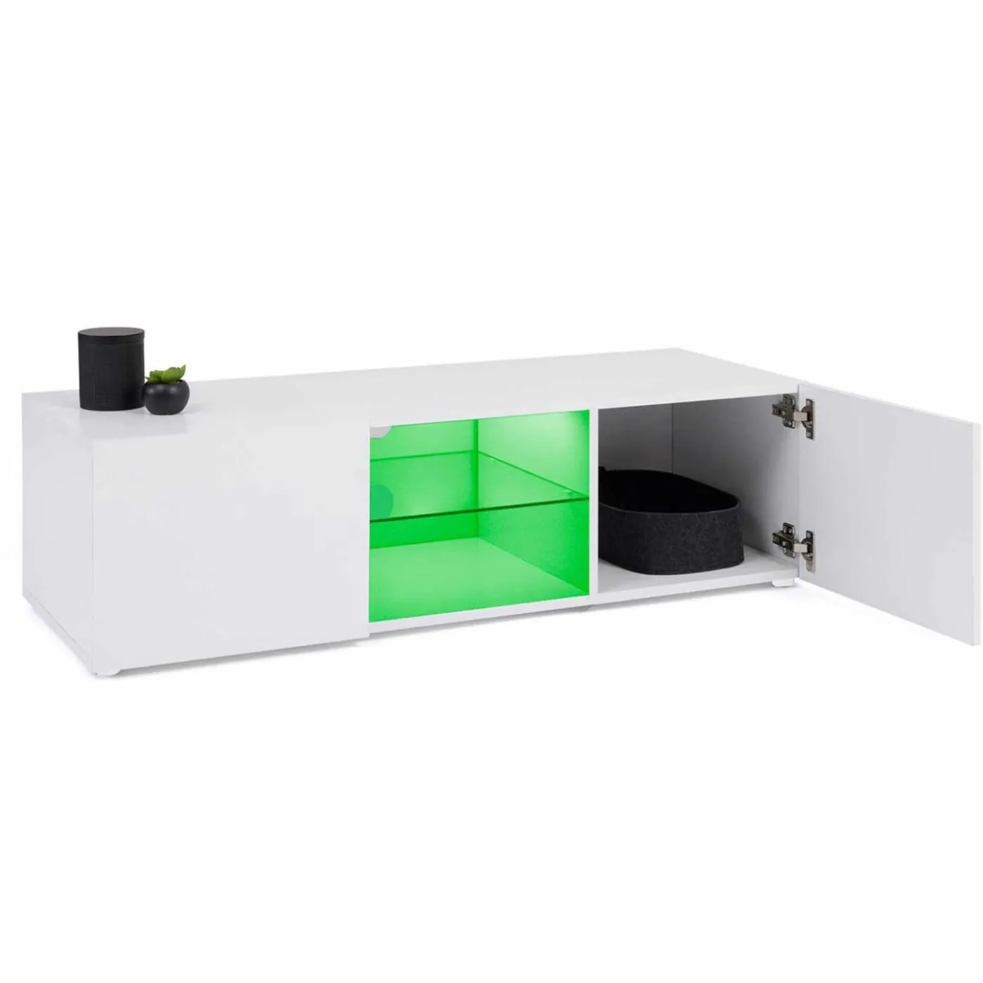 Meuble télé LED blanc avec étagère en verre