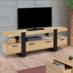 Meuble télé noir et bois 140 cm avec 3 tiroirs