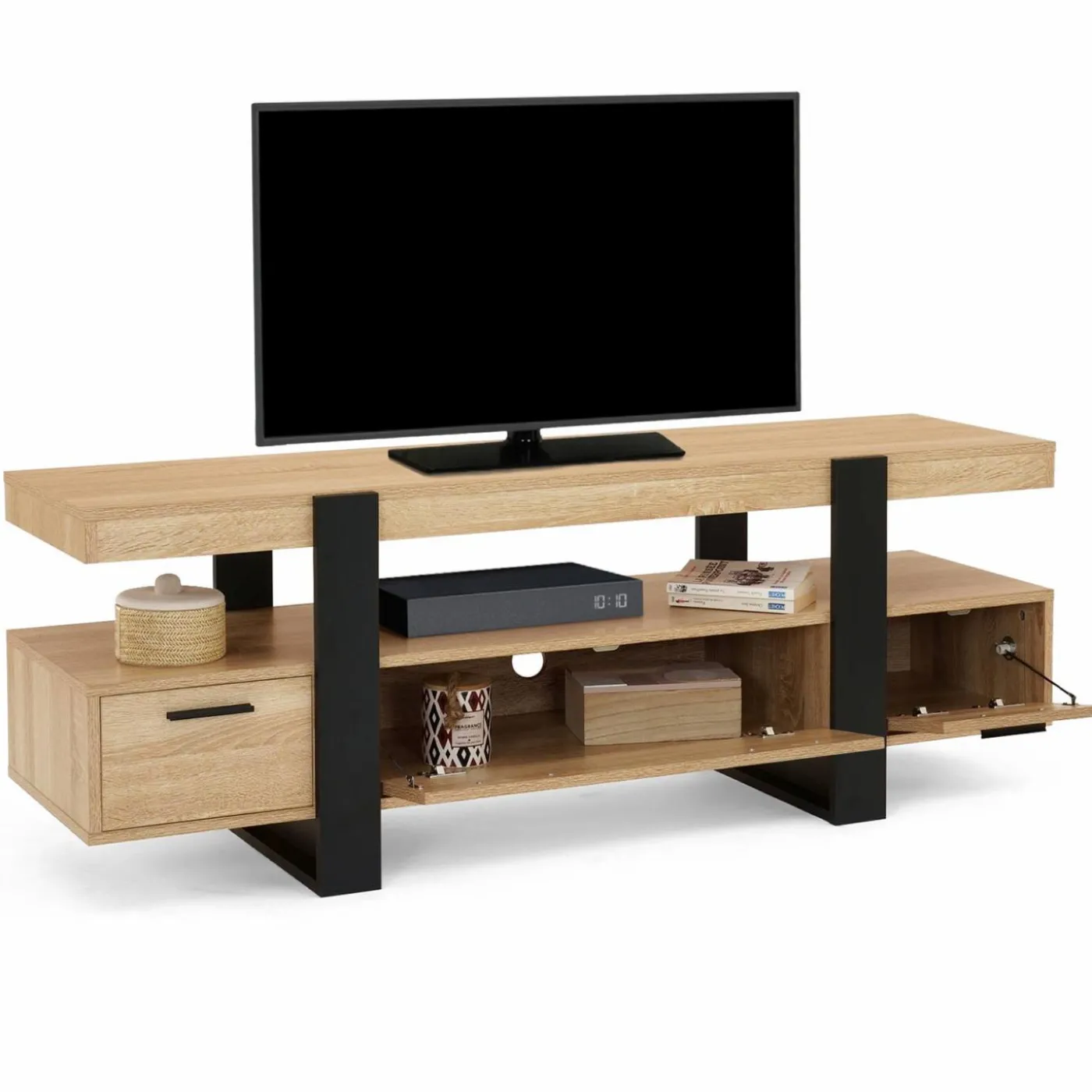 Meuble télé noir et bois 140 cm avec 3 tiroirs
