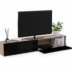 Meuble télé suspendu noir et bois 180 cm