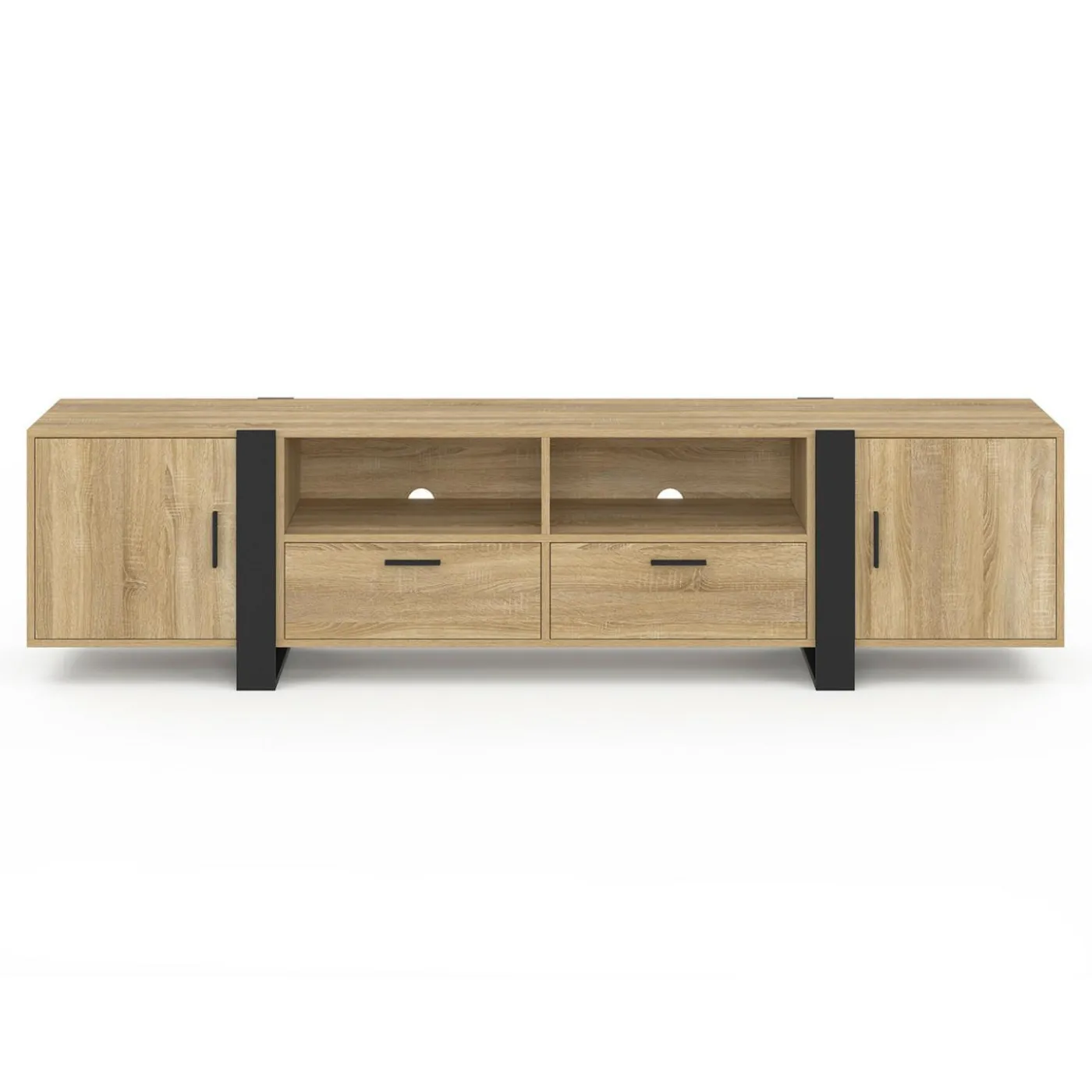 Meuble TV 200 cm 2 portes 2 tiroirs bois et noir