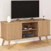 Meuble TV 110 cm avec 2 portes effet lattes tasseau bois