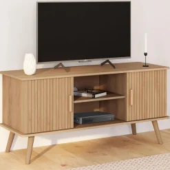 Meuble TV 110 cm avec 2 portes effet lattes tasseau bois