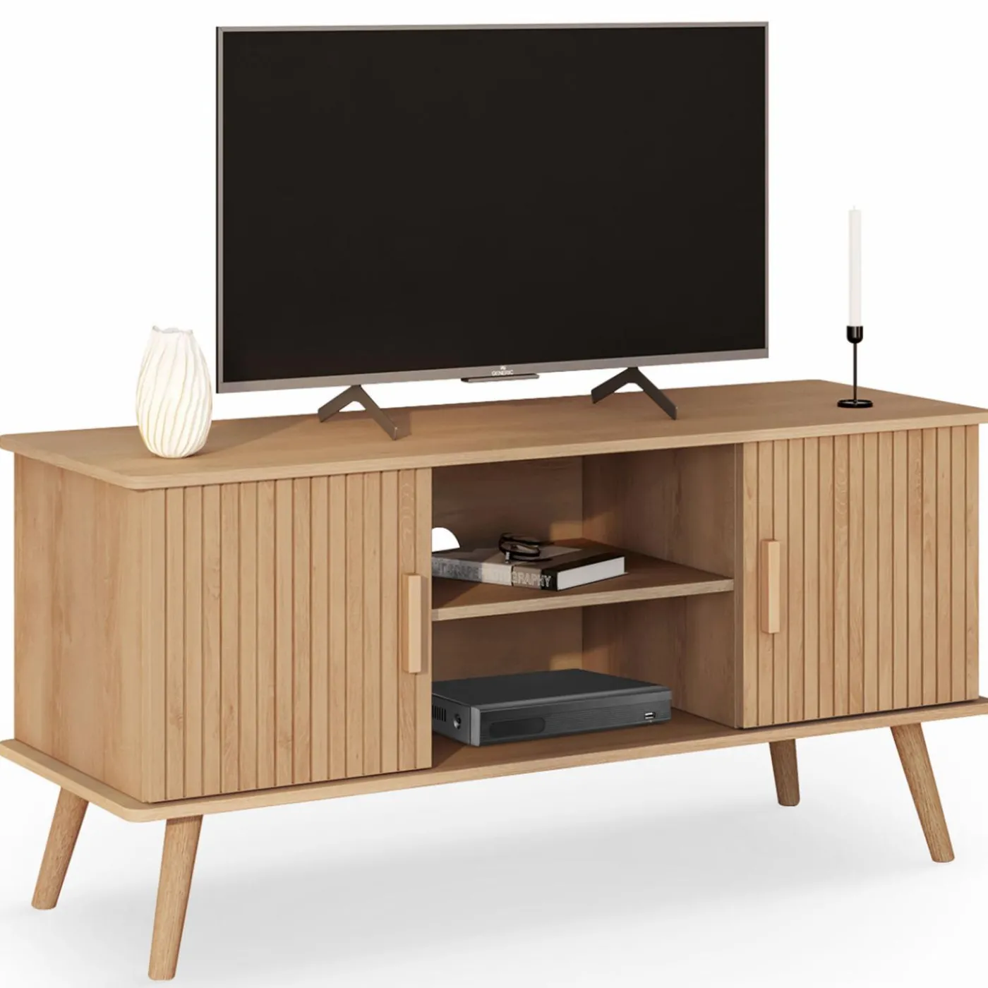 Meuble TV 110 cm avec 2 portes effet lattes tasseau bois