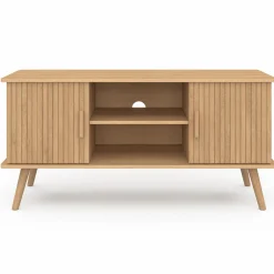 Meuble TV 110 cm avec 2 portes effet lattes tasseau bois