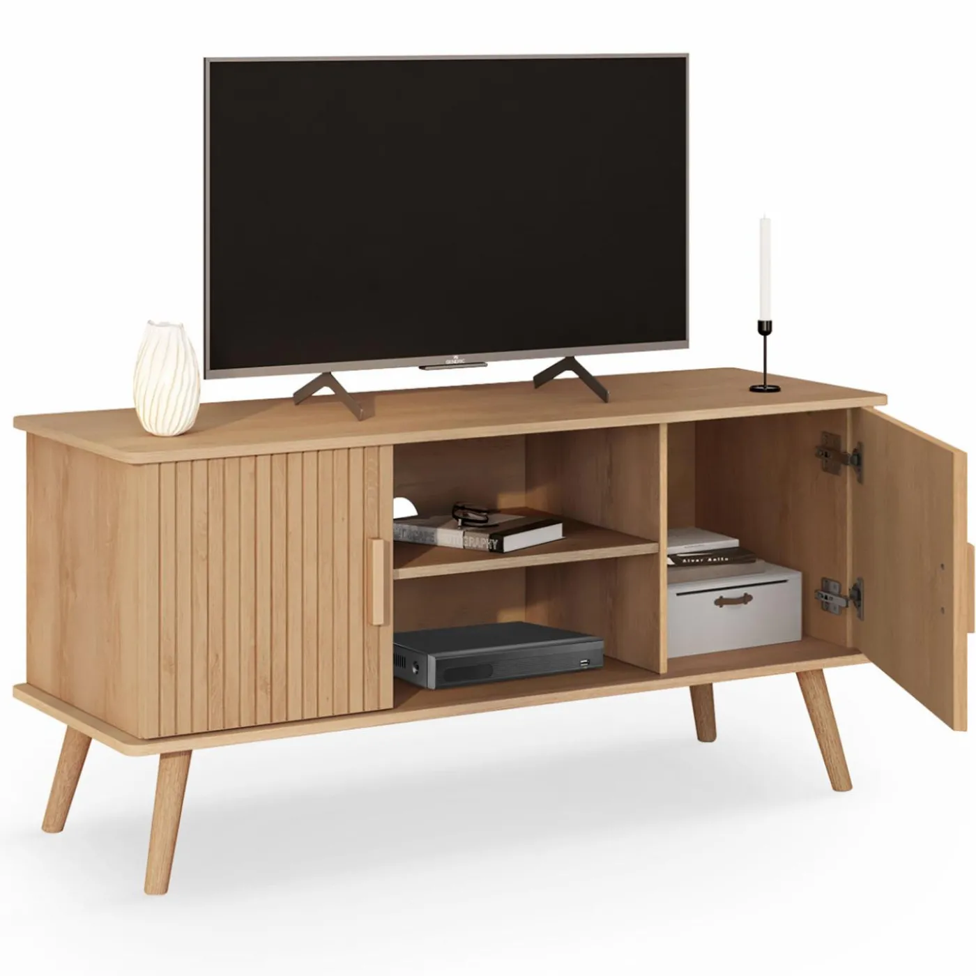 Meuble TV 110 cm avec 2 portes effet lattes tasseau bois