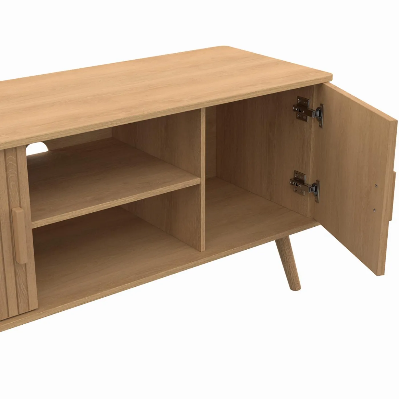 Meuble TV 110 cm avec 2 portes effet lattes tasseau bois