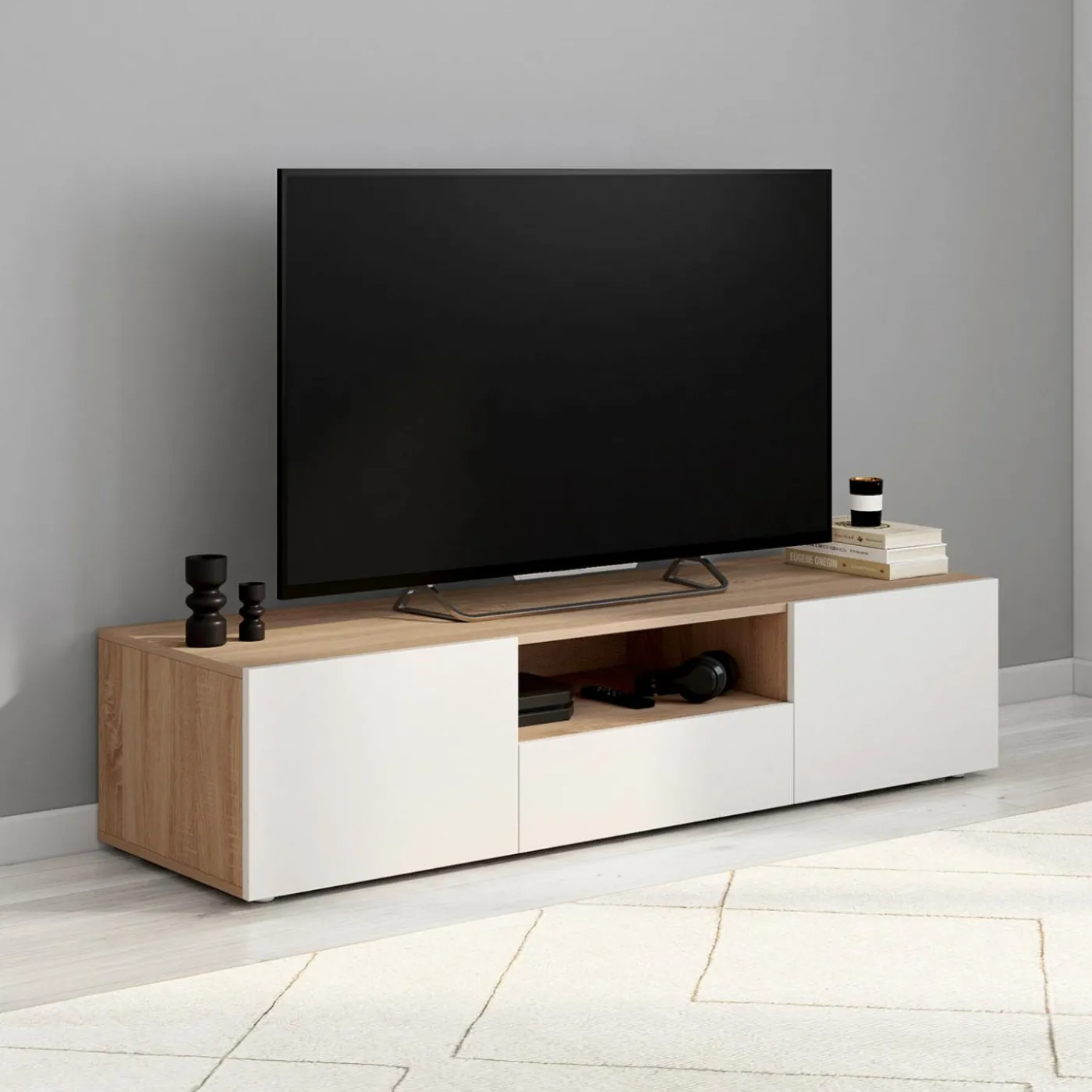 Meuble TV 140 cm bois façon hêtre portes blanches