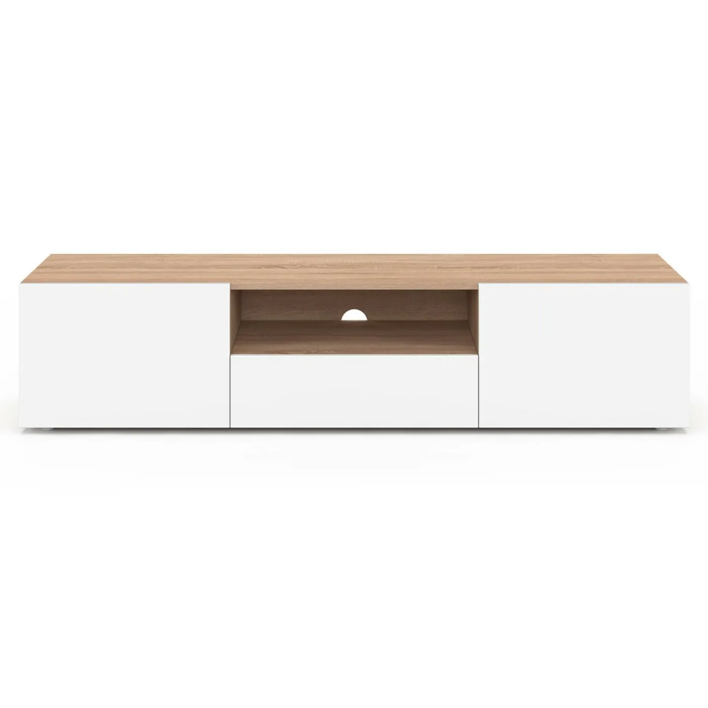 Meuble TV 140 cm bois façon hêtre portes blanches