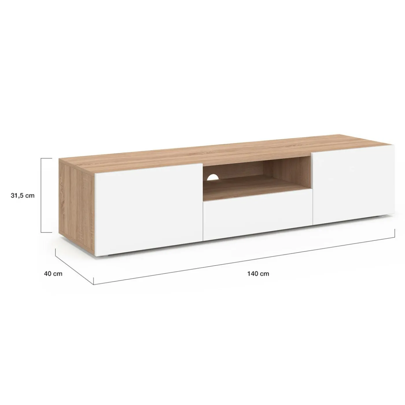 Meuble TV 140 cm bois façon hêtre portes blanches