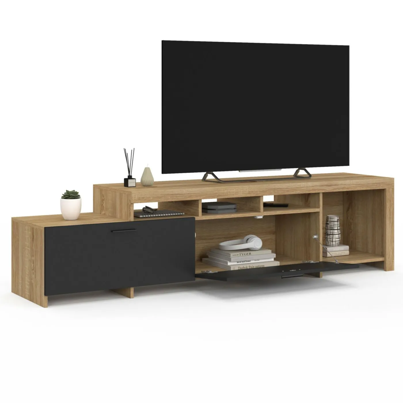 Meuble tv 180 cm bois placards noirs