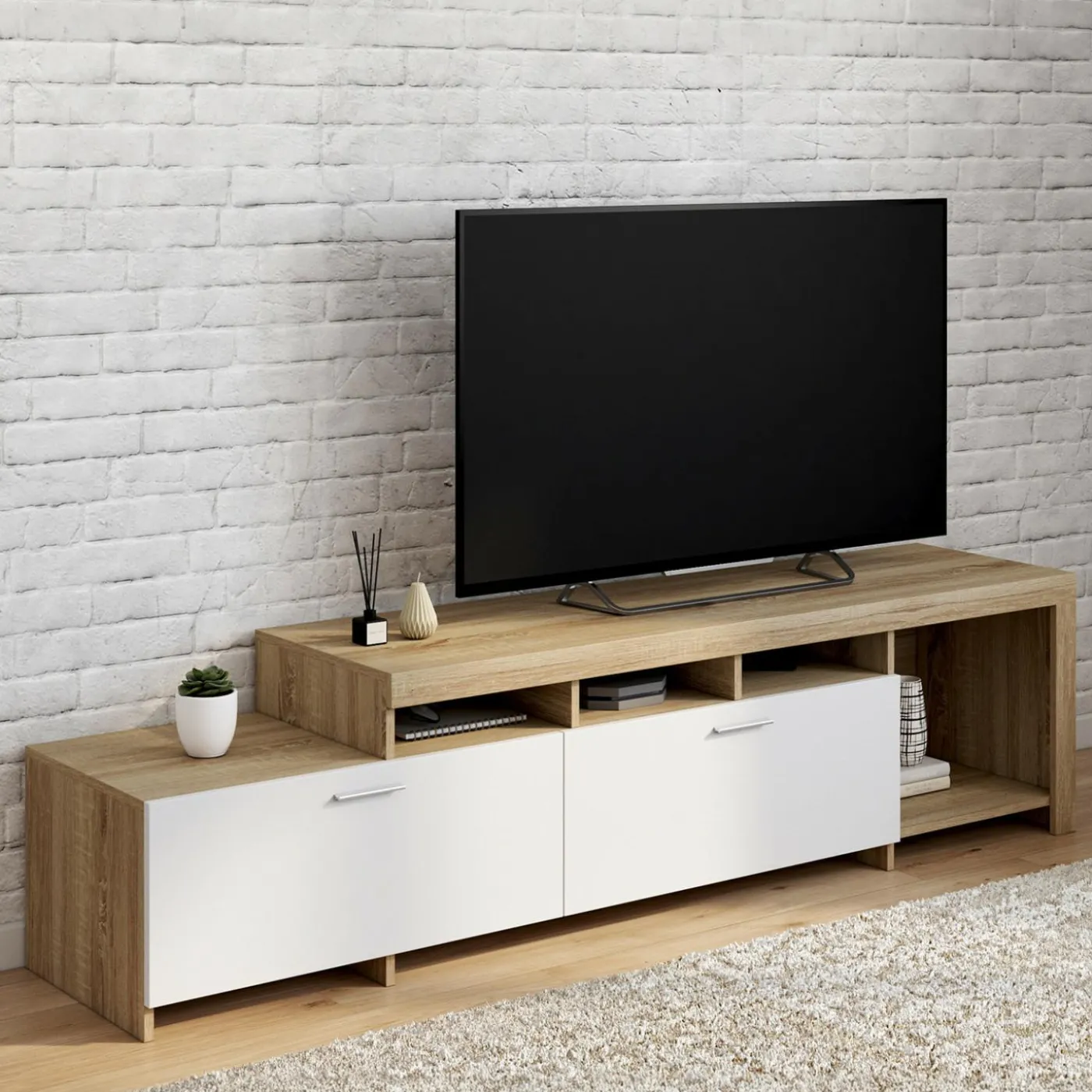 Meuble tv 180 cm bois placards blancs