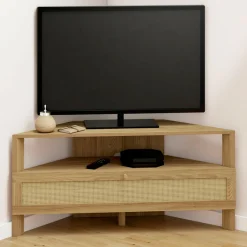Meuble TV 100 cm d'angle 1 porte effet naturel cannage