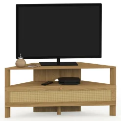 Meuble TV 100 cm d'angle 1 porte effet naturel cannage